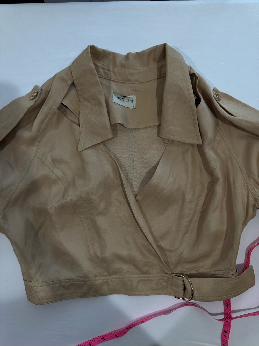 NOCTURNE Beige Cropped Wrap Jacket Linen Blend Open Shoulder Belted Size 2 - Picture 15 of 15